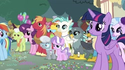 Size: 2730x1531 | Tagged: safe, imported from derpibooru, screencap, big macintosh, carrot cake, cup cake, diamond tiara, gabby, gallus, granny smith, rainbow dash, silver spoon, silverstream, smolder, starlight glimmer, sugar belle, terramar, twilight sparkle, yona, alicorn, griffon, hippogriff, pony, the last crusade, twilight sparkle (alicorn)