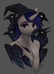 Size: 1200x1650 | Tagged: safe, artist:varllai, imported from derpibooru, oc, oc only, oc:moonlit silver, anthro, bird, crow, unicorn, bust, commission, hat, portrait, solo, your character here