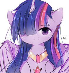 Size: 914x978 | Tagged: safe, artist:crackerjackvn, imported from derpibooru, twilight sparkle, alicorn, pony, bust, cute, female, hair over one eye, looking at you, mare, peytral, portrait, simple background, solo, spread wings, twiabetes, twilight sparkle (alicorn), white background, wings