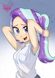 Size: 2480x3508 | Tagged: safe, artist:jeglegator, imported from derpibooru, starlight glimmer, human, equestria girls, arm behind head, armpits, blushing, clothes, cute, female, glimmerbetes, humanized, looking at you, rain, school uniform, smiling, solo, wet