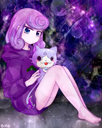 Size: 850x1062 | Tagged: safe, artist:camilla_, imported from derpibooru, princess flurry heart, cat, human, barefoot, bottomless, clothes, cute, feet, female, flurrybetes, hoodie, humanized, legs, looking at you, older, older flurry heart, partial nudity, pixiv, plushie, solo