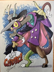 Size: 1536x2048 | Tagged: safe, artist:andypriceart, imported from derpibooru, discord, draconequus, cape, clothes, coat, darkwing duck, domino mask, hat, male, solo, speech bubble