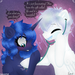 Size: 3000x3000 | Tagged: safe, artist:darkest-lunar-flower, imported from derpibooru, princess luna, oc, oc:lux(pearle), alien, pony, blushing, chest fluff, ear fluff, heartbeat, listening, sparkles, stethoscope