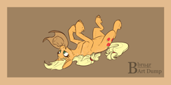 Size: 1280x634 | Tagged: safe, artist:bbru4r, imported from derpibooru, applejack, earth pony, pony, cheek fluff, cute, female, freckles, jackabetes, mare, mouth hold, nom, on back, silly, silly pony, solo, unshorn fetlocks, who's a silly pony