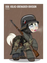 Size: 1024x1366 | Tagged: safe, artist:brony-works, imported from derpibooru, pony, breath, camouflage, clothes, cold, female, glasses, gun, helmet, kar98k, mare, nazi, nazi germany, nazi uniform, nazipone, pants, rain, rifle, round glasses, short tail, shovel, solo, stahlhelm, trenchcoat, uniform, visible breath, volksgrenadier, weapon, world war ii