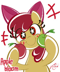 Size: 1001x1200 | Tagged: safe, artist:garammasara, imported from derpibooru, apple bloom, earth pony, pony, adorabloom, apple, cute, eye clipping through hair, female, filly, food, looking at you, pixiv, simple background, solo, starry eyes, white background, wingding eyes