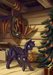 Size: 1240x1754 | Tagged: safe, artist:kirillk, imported from derpibooru, oc, oc only, pony, behaving like a bat, christmas, christmas tree, duo, hanging, hanging upside down, holiday, mouth hold, prehensile tail, present, slit pupils, tree, upside down