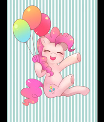 Size: 949x1112 | Tagged: safe, artist:blackywolfer, imported from derpibooru, pinkie pie, earth pony, pony, balloon, blushing, cute, diapinkes, eyes closed, female, floating, mare, open mouth, pixiv, solo, then watch her balloons lift her up to the sky