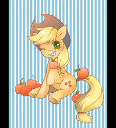 Size: 972x1070 | Tagged: safe, artist:blackywolfer, imported from derpibooru, applejack, earth pony, pony, apple, blushing, cute, female, food, jackabetes, mare, no pupils, one eye closed, pixiv, sitting, smiling, solo