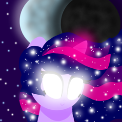 Size: 1000x1000 | Tagged: safe, artist:katya, imported from derpibooru, twilight sparkle, pony, bust, ethereal mane, female, full moon, galaxy mane, glowing eyes, magic, moon, smiling, solo