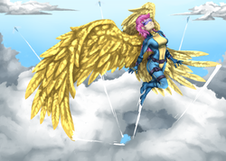 Size: 3000x2142 | Tagged: safe, artist:brother-lionheart, imported from derpibooru, scootaloo, human, adult, clothes, cloud, flying, gold, humanized, large wings, older, older scootaloo, scootaloo can fly, uniform, wings, wonderbolts, wonderbolts uniform