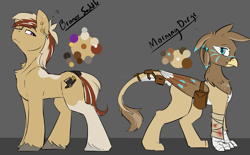 Size: 1679x1041 | Tagged: safe, artist:beardie, imported from derpibooru, oc, oc only, oc:bronze saddle, oc:morning dirge, griffon, pony, bag, bandage, blood, ear piercing, earring, female, griffon oc, interspecies, jewelry, looking at each other, male, parent:buttercream scotch, piercing, reference sheet, stallion, straight