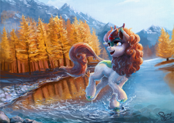 Size: 2000x1414 | Tagged: safe, alternate version, artist:nemo2d, imported from derpibooru, autumn blaze, kirin, sounds of silence, awwtumn blaze, beautiful, cute, female, forest, looking back, open mouth, river, scenery, scenery porn, smiling, solo, splashing, tree, water