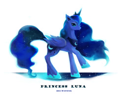 Size: 1154x894 | Tagged: safe, artist:blackywolfer, imported from derpibooru, princess luna, alicorn, pony, crown, ethereal mane, female, hoof shoes, jewelry, mare, pixiv, regalia, simple background, solo, starry mane, stars, white background