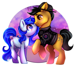 Size: 766x676 | Tagged: safe, artist:cabbage-arts, imported from derpibooru, oc, oc only, oc:darren cuffs, oc:skyra heartsong, earth pony, pony, unicorn, boop, bulletproof vest, campaign hat, clothes, duo, female, male, noseboop, shipping, uniform