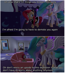 Size: 3900x4392 | Tagged: safe, artist:northern haste, imported from derpibooru, princess celestia, alicorn, pony, 2 panel comic, 3d, 4k, age regression, baby, baby carriage, baby pony, clothes, comic, diaper, duster, female, filly, foal, grammar error, maid, not fluttershy, pacifier, source filmmaker