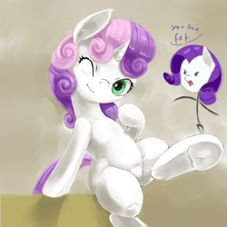 Size: 1000x1000 | Tagged: safe, artist:usager, imported from derpibooru, rarity, sweetie belle, pony, unicorn, cute, diasweetes, female, filly, frog (hoof), mare, one eye closed, smiling, solo focus, stick figure, underhoof, wink