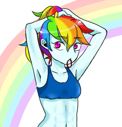 Size: 467x486 | Tagged: safe, artist:nayu, artist:sea contact, imported from derpibooru, rainbow dash, equestria girls, abs, adorasexy, armpits, belly button, clothes, colored pupils, cute, dashabetes, female, hair tie, midriff, mouth hold, pixiv, ponytail, rainbow, sexy, solo, sports bra