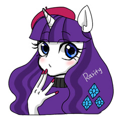 Size: 612x565 | Tagged: safe, artist:nayu, artist:sea contact, imported from derpibooru, rarity, anthro, alternate hairstyle, ambiguous facial structure, beatnik rarity, beret, bust, clothes, cute, female, hat, nail polish, pixiv, portrait, raribetes, simple background, solo, sweater, white background