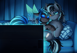 Size: 3701x2550 | Tagged: safe, artist:pridark, imported from derpibooru, oc, oc only, oc:dusk avenheart, oc:kryostasis, bat pony, changeling, pony, bat pony oc, changeling oc, chest fluff, commission, couch, cuddling, cutie mark, fangs, heterochromia, indoors, netflix and chill, shipping, sitting, smiling, television, watching