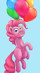 Size: 642x1167 | Tagged: safe, artist:stratodraw, imported from derpibooru, pinkie pie, earth pony, pony, balloon, blue background, female, floating, mouth hold, simple background, smiling, solo, then watch her balloons lift her up to the sky