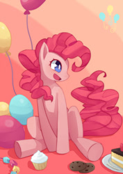 Size: 700x989 | Tagged: safe, artist:manimu, imported from derpibooru, pinkie pie, earth pony, pony, balloon, cake, cookie, cupcake, cute, cutie mark, diapinkes, female, food, mare, open mouth, pixiv, profile, rock candy necklace, sitting, solo