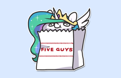 Size: 900x581 | Tagged: safe, artist:dawnfire, imported from derpibooru, princess celestia, alicorn, pony, blue background, chibi, crown, female, five guys, jewelry, mare, paper bag, pony in a bag, regalia, simple background, solo