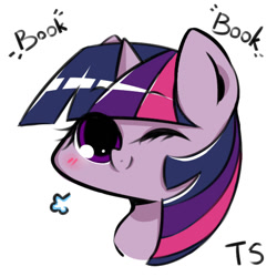 Size: 566x566 | Tagged: safe, artist:crazy bush, imported from derpibooru, part of a set, twilight sparkle, pony, blushing, book, bust, cute, female, head only, one eye closed, one word, pixiv, portrait, solo, that pony sure does love books, twiabetes, wink