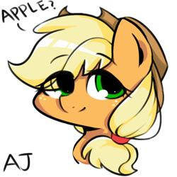 Size: 566x566 | Tagged: safe, artist:crazy bush, imported from derpibooru, part of a set, applejack, pony, apple, bust, cute, eye clipping through hair, female, head only, jackabetes, one word, pixiv, portrait, simple background, solo, that pony sure does love apples, white background