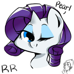 Size: 566x566 | Tagged: safe, artist:crazy bush, imported from derpibooru, part of a set, rarity, pony, unicorn, bust, crossover, cute, diamond and pearl, female, gem, gem (race), head only, one eye closed, one word, pearl, pearl (steven universe), pixiv, portrait, question mark, raribetes, simple background, solo, steven universe, white background, wink