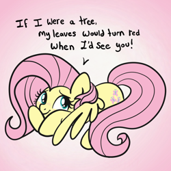 Size: 2100x2100 | Tagged: safe, artist:sjart117, imported from derpibooru, part of a set, fluttershy, pony, bad pickup line, blushing, cute, daaaaaaaaaaaw, female, flirting, fluttertree, looking back, mare, pickup lines, prone, shy, shyabetes, simple background, solo, speech