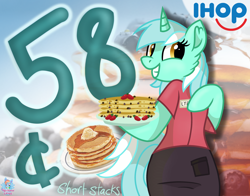 Size: 1972x1545 | Tagged: safe, artist:rainbow eevee, imported from derpibooru, lyra heartstrings, anthro, unguligrade anthro, unicorn, apron, breakfast, cent sign, chocolate chips, clothes, cute, female, food, holding, ihop, irl, looking at you, lyrabetes, miniskirt, money, name tag, numbers, pancakes, photo, plate, restaurant, skirt, smiling, solo, strawberry, syrup, uniform