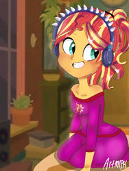 Size: 1800x2400 | Tagged: safe, artist:artmlpk, imported from derpibooru, sunset shimmer, equestria girls, alternate hairstyle, bare shoulders, blushing, clothes, cute, female, headphones, house, kneeling, pajamas, ponytail, shimmerbetes, solo, sunset