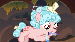 Size: 1280x720 | Tagged: safe, imported from derpibooru, screencap, cozy glow, pegasus, pony, frenemies (episode), crayon, female, filly, flying, foal, mouth hold, solo