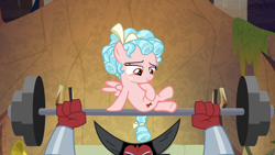 Size: 1280x720 | Tagged: safe, imported from derpibooru, screencap, cozy glow, lord tirek, pegasus, pony, frenemies (episode), barbell, female, filly, foal, lidded eyes, sitting, solo focus, weights