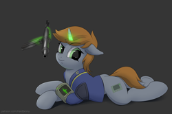 Size: 3535x2346 | Tagged: safe, artist:hardbrony, imported from derpibooru, oc, oc only, oc:littlepip, pony, unicorn, fallout equestria, clothes, cutie mark, fanfic, fanfic art, female, floppy ears, glowing horn, gray background, gun, hooves, horn, jumpsuit, levitation, lying down, magic, mare, pipbuck, prone, simple background, solo, submachinegun, telekinesis, vault suit, weapon