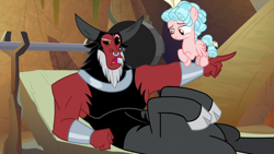 Size: 1280x720 | Tagged: safe, imported from derpibooru, screencap, cozy glow, lord tirek, centaur, pegasus, pony, frenemies (episode), barbell, bow, cloven hooves, crossed hooves, duo, female, filly, flying, foal, hair bow, male, nose piercing, nose ring, piercing, pointing, septum piercing, tail bow, weights