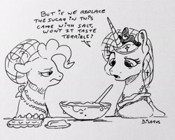 Size: 2448x1962 | Tagged: safe, artist:dilarus, deleted from derpibooru, imported from derpibooru, pinkie pie, princess luna, alicorn, earth pony, pony, comic:luna is bad at pranking, apron, batter, cake batter, clothes, cooking, crown, dialogue, egg, egg (food), female, food, jewelry, mare, monochrome, pinkie pie is not amused, prank, regalia, simple background, traditional art, unamused, white background