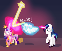 Size: 2389x1980 | Tagged: safe, artist:andromedasparkz, imported from derpibooru, princess cadance, princess flurry heart, shining armor, alicorn, pony, unicorn, female, foal, laser, magic, magic aura, male, mare, newbie artist training grounds, shield, sneezing, stallion