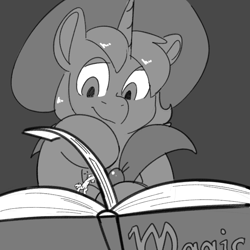 Size: 700x700 | Tagged: safe, artist:goat train, imported from derpibooru, oc, oc:snap feather, oc:star bright, pony, unicorn, big gay, black and white, book, gay, giant pony, grayscale, hat, looming, macro, macro/micro, magic book, male, micro, monochrome, stallion, struggling, sweat, wizard, wizard hat, wizard robe