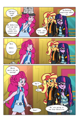 Size: 2650x4096 | Tagged: safe, artist:verumteednp, deleted from derpibooru, imported from derpibooru, pinkie pie, sci-twi, sunset shimmer, twilight sparkle, comic:sparkling shimmer, equestria girls, chapter 3, clothes, dialogue, geode of empathy, geode of telekinesis, glasses, jacket, magical geodes, open mouth, pants, speech bubble