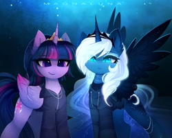 Size: 1920x1542 | Tagged: safe, artist:magnaluna, imported from derpibooru, princess luna, twilight sparkle, alicorn, pony, accessories, accessory, blue background, clothes, crown, cute, cute little fangs, duo, fangs, female, hoodie, horn, jewelry, looking at you, looking down, looking down at you, mare, necklace, night, regalia, simple background, smiling, twilight sparkle (alicorn), wings