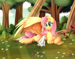 Size: 1024x805 | Tagged: safe, artist:calamity-studios, imported from derpibooru, angel bunny, fluttershy, pegasus, pony, rabbit, animal, crepuscular rays, cute, duo, female, flower, forest, grass, mare, shyabetes, smiling, spread wings, tree, wings