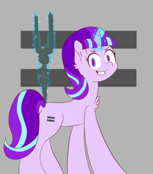 Size: 1280x1451 | Tagged: safe, artist:grapemelondrawshorses, imported from derpibooru, starlight glimmer, pony, unicorn, the cutie map, egalitarianism, equal cutie mark, evil grin, female, gray background, grin, horn, magic, magic aura, mare, newbie artist training grounds, s5 starlight, simple background, smiling, solo, staff, staff of sameness