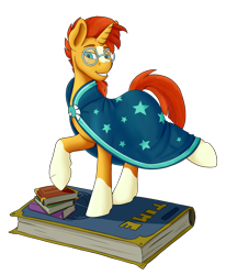 Size: 1647x2000 | Tagged: safe, artist:dexbelae, imported from derpibooru, sunburst, pony, unicorn, book, clothes, glasses, male, raised hoof, raised leg, smiling, solo, stallion