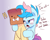 Size: 2400x1943 | Tagged: safe, artist:maren, artist:paperbagpony, color edit, edit, imported from derpibooru, oc, oc:blue chewings, oc:paper bag, pony, bone, chew toy, collaboration, colored, dialogue, paper bag, sweat