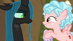 Size: 1920x1080 | Tagged: safe, imported from derpibooru, screencap, cozy glow, queen chrysalis, changeling, changeling queen, pegasus, pony, frenemies (episode), duo, female, filly, foal, lidded eyes