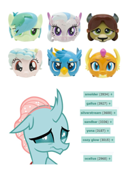 Size: 800x1024 | Tagged: safe, imported from derpibooru, cozy glow, gallus, ocellus, sandbar, silverstream, smolder, yona, derpibooru, cozybetes, cute, diaocelles, diastreamies, gallabetes, meta, ocellabuse, sad, sandabetes, seapony silverstream, smolderbetes, stack'ems, tags, toy, yonadorable