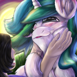 Size: 1584x1584 | Tagged: safe, artist:firefanatic, imported from derpibooru, princess celestia, human, blushing, cute, digital painting, fluffy, missing accessory, smiling, squishy cheeks, sunrise