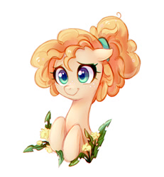 Size: 756x819 | Tagged: safe, artist:jumblehorse, imported from derpibooru, pear butter, earth pony, pony, cute, dandelion, female, flower, freckles, mare, pearabetes, ponytail, simple background, solo, white background